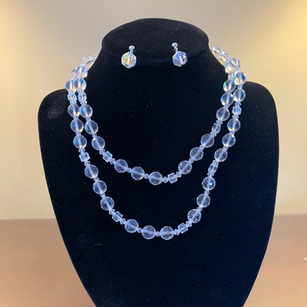 Vintage Beaded Aurora Borealis Crystal Long Necklace Matching Pierced Earrings